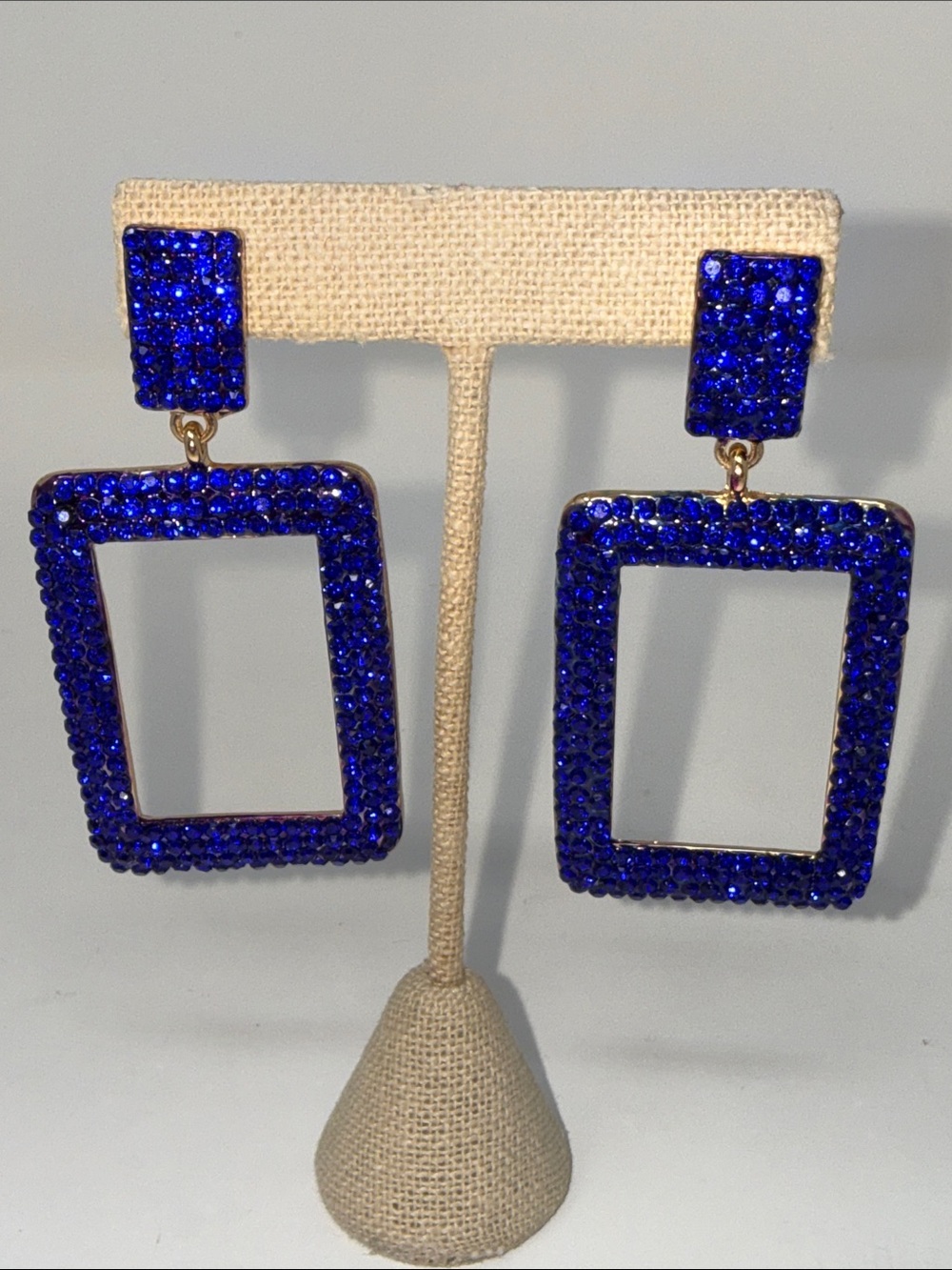 Blue Crystal Statement Open Rectangle Drop Earrings